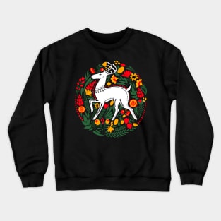 Folk Art White Stag with Flowers and Leaves Crewneck Sweatshirt